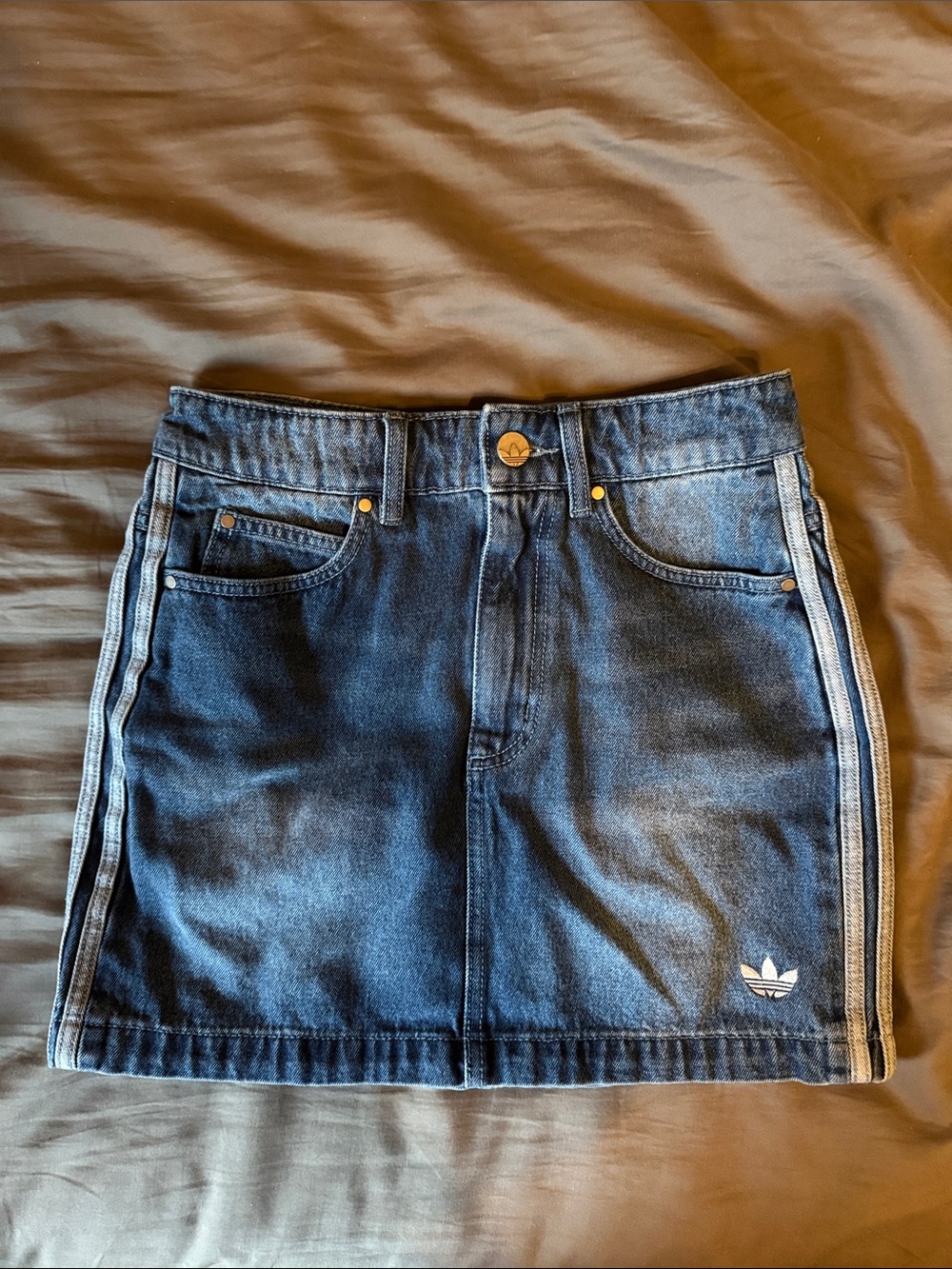 adidas Dark Blue Denim Mini Skirt with White Side Stripes